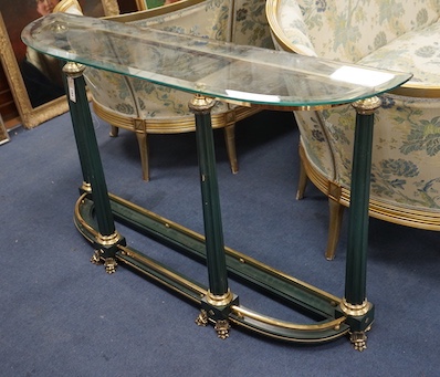 An Empire style brass mounted glass top D shaped console table, length 130cm, depth 31cm, height 76cm